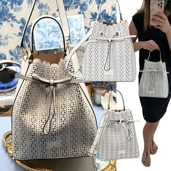 🆕 FURLA 🧿 NWOT Constanza Laser Cut Leather Drawstring Bucket Bag, Chalk - Picture 1 of 16